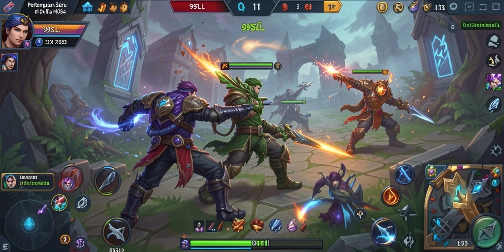 Menampilkan aksi seru di arena pertempuran MOBA 99SLL.