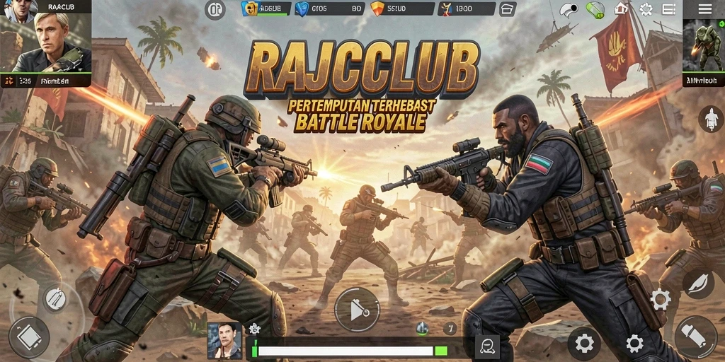 Screenshot menunjukkan aksi seru di RAJACLUB dengan gameplay Battle Royale.
